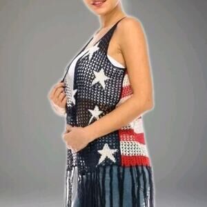 Cloud Chaser USA Flag Fringe Vest Large Patriotic Stars Stripes Open Front